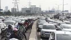 Traffic snarl at the Ghazipur border as Delhi Police has stepped-up security. 