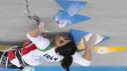 Iranian athlete Elnaz Rekabi competes during the women's Boulder & Lead final during the IFSC Climbing Asian Championships in Seoul, Sunday, Oct. 16, 2022.