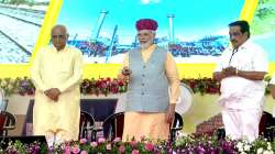 Prime Minister Narendra Modi lays foundation stone and dedicates development works at Modhera village in Mehsana district on Sunday, October 9, 2022. Gujarat Chief Minister Bhupendra Patel and Gujarat BJP President C R Patil are also seen.