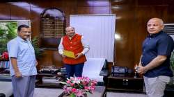 Delhi Lieutenant Governor V K Saxena with Chief Minister Arvind Kejriwal and Deputy Chief Minister Manish Sisodia.   