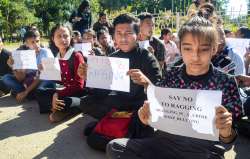 Students of Dibrugarh University stage a protest outside the administrative building of the university after a student of the university got injured in an alleged case of ragging, in Dibrugarh