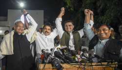 Congress General Secretary KC Venugopal with Rajasthan Chief Minister Ashok Gehlot, party leader Sachin Pilot and the party state President Govind Singh Dotasra

