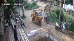 Smoke rises (on extreme right) after an autorickshaw on a street, as seen from a CCTV camera from a nearby area, in Mangaluru city