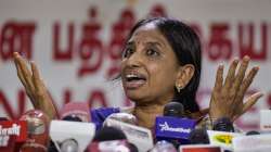 Nalini Sriharan, one of the convicts in the Rajiv Gandhi assassination case, speaks to reporters during a press conference after being released from prison yesterday, in Chennai 