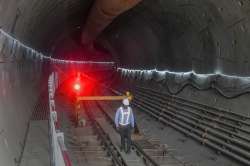 A worker inside the tunnel of the Delhi-Ghaziabad-Meerut RRTS corridor, in New Delhi.