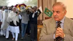 rime Minister Narendra Modi carries the mortal remains of his mother Heeraben Modi during her funeral procession (L) and Pakistan PM Shehbaz Sharif