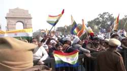 Members of the Jain community protest at India Gate against the decision of the Jharkhand govt to declare 'sacred' Shri Sammed Shikharji a tourist place