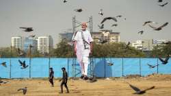 A cut-out of Prime Minister Narendra Modi put up in preparation for his rally, at Bandra Kurla Complex (BKC) in Mumbai.