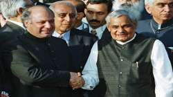 Former Pakistani Prime Minister Nawaz Sharif, left, and his Indian counterpart Atal Bihari Vajpayee at the Wagah border near Lahore, Pakistan.