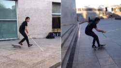 Blind skateboarder does flip tricks