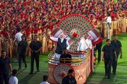 Prime Minister Narendra Modi with the Assam CM Himanta Bishwa Sharma during the mega Bihu dance program at Sarusajai Sports Complex in Guwahati