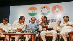 Shiv Sena (Uddhav Balasaheb Thackeray) leader Uddhav Thackeray and Aaditya Thackeray with NCP leaders Ajit Pawar and Jayant Patil, Congress leader Ashok Chavan and other Maha Vikas Aghadi (MVA) leaders during a public rally.