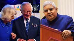 Indian Vice-President Jagdeep Dhankar (R) and King Charles III and Queen Camilla (L). 