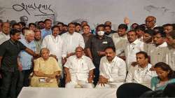 Nationalist Congress Party (NCP) chief Sharad Pawar with party leaders during a book launch event, in Mumbai.