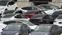 Tesla cars sit at Tesla's Giga Texas automotive manufacturing facility in Austin, Texas.