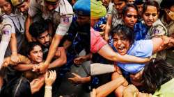 Wrestlers Sakshi Malik (R), Vinesh Phogat (L) detain from Jantar Mantar