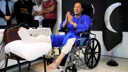 Former Pakistani Prime Minister Imran Khan during a news conference in Shaukat Khanum hospital, where was being treated for a gunshot wound in Lahore last year