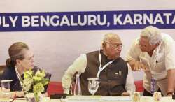 Congress chief Mallikarjun Kharge with Sonia Gandhi during Opposition meet