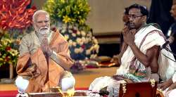 PM Modi performing hawan pujan at the redeveloped ITPO complex.