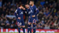 Kylian Mbappe with his teammates Lionel Messi and Neymar at PSG last season