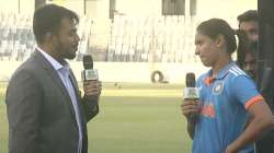 Harmanpreet Kaur during the post-match presentation