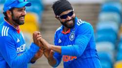 Ravindra Jadeja celebrating a wicket with Rohit Sharma in the first ODI against WI