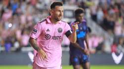 Lionel Messi celebrates his goal against Charlotte FC at DRV PNK Stadium on August 11, 2023