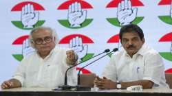 AICC General Secretary (Organisation) KC Venugopal and AICC General Secretary (Communications) Jairam Ramesh during a media briefing at Congress headquarters, in New Delhi