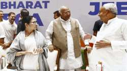 Congress President Mallikarjun Kharge with Mamata Banerjee and Nitish Kumar