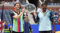 Matthew Ebden and Rohan Bopanna with US Open men's doubles runner-ups trophy