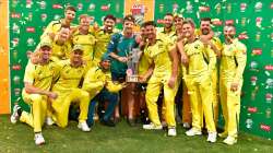 Australia players pose after winning the T20I series vs South Africa 