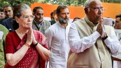 Congress President Mallikarjun Kharge with Sonia Gandhi and Rahul Gandhi