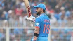 Virat Kohli celebrates his fifty against South Africa on November 5, 2023