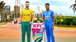 Aiden Markram and Suryakumar Yadav with the T20I Series trophy on December 9, 2023