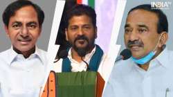 Telangana Chief Minister K Chandrasekhar Rao, Congress leader Revanth Reddy and BJP leader Etala Rajender.
