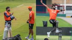 Virat Kohli having a word with Prasidh Krishna during the practice session (left) and Jasprit Bumrah