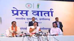 Chhattisgarh Chief Minister Vishnu Deo Sai with Deputy Chief Ministers Arun Sao and Vijay Sharma during a press conference, in Nava Raipur.