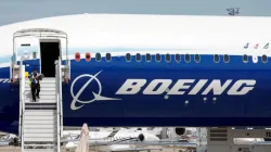 A Boeing logo is seen on a 777-9 aircraft on display during the 54th International Paris Airshow at 