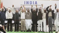 Congress President Mallikarjun Kharge with party leaders Rahul Gandhi and Adhir Ranjan Chowdhury, CPI(M) General Secretary Sitaram Yechury, NCP chief Sharad Pawar, DMK leader Tiruchi Siva, CPI General Secretary D. Raja and others during a protest of Indian National Developmental Inclusive Alliance.