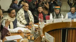 Union Defence Minister Rajnath Singh with Union Ministers Piyush Goyal and Pralhad Joshi, Union Ministers of State Arjun Ram Meghwal and V Muraleedharan during an all-party meeting 