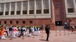 Prime Minister Narendra Modi with Union Ministers Amit Shah and Rajnath Singh and other parliamentarians enters the new Parliament building, in New Delhi.