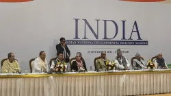 Shiv Sena (UBT) chief Uddhav Thackeray, Tamil Nadu Chief Minister and DMK chief MK Stalin, Congress leader Sonia Gandhi, NCP Chief Sharad Pawar, Congress President Mallikarjun Kharge, RJD chief Lalu Prasad Yadav, and Bihar Chief Minister Nitish Kumar during INDI alliance meeting in Delhi