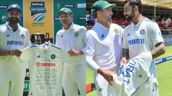 Rohit Sharma with Dean Elgar (left) and Virat Kohli stands alongside Dean Elgar (right).