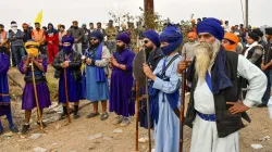 Farmers offer Ardas during the ongoing farmers’ protest over various demands, including a legal guarantee of minimum support price (MSP) for crops, at the Punjab-Haryana Shambhu Border in Patiala district.