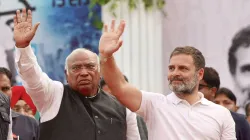 Congress President Mallikarjun Kharge with party leader Rahul Gandhi at a public meeting during the Bharat Jodo Nyay Yatra.