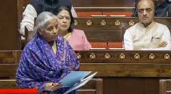 Union Finance Minister Nirmala Sitharaman speaks in the Rajya Sabha during the Budget session of Parliament, in New Delhi.