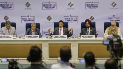 Chief Election Commissioner Rajiv Kumar with Election Commissioners Gyanesh Kumar and SS Sandhu during announcement of the schedule for General Elections 2024.