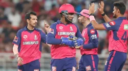 Yuzvendra Chahal celebrates a wicket with his Rajasthan Royals teammates.