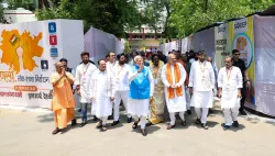 Prime Minister Narendra Modi accompanied by Union Home Minister Amit Shah, BJP President J P Nadda, UP CM Yogi Adityanath and other NDA leaders, comes out after filing his nomination papers for Lok Sabha polls, in Varanasi