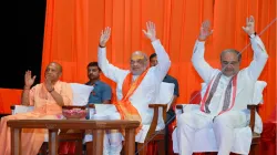 Home Minister Amit Shah with CM Yogi Adityanath and BJP state president Bhupendra Singh Chaudhary at Dashashwamedh Ghat, Varanasi